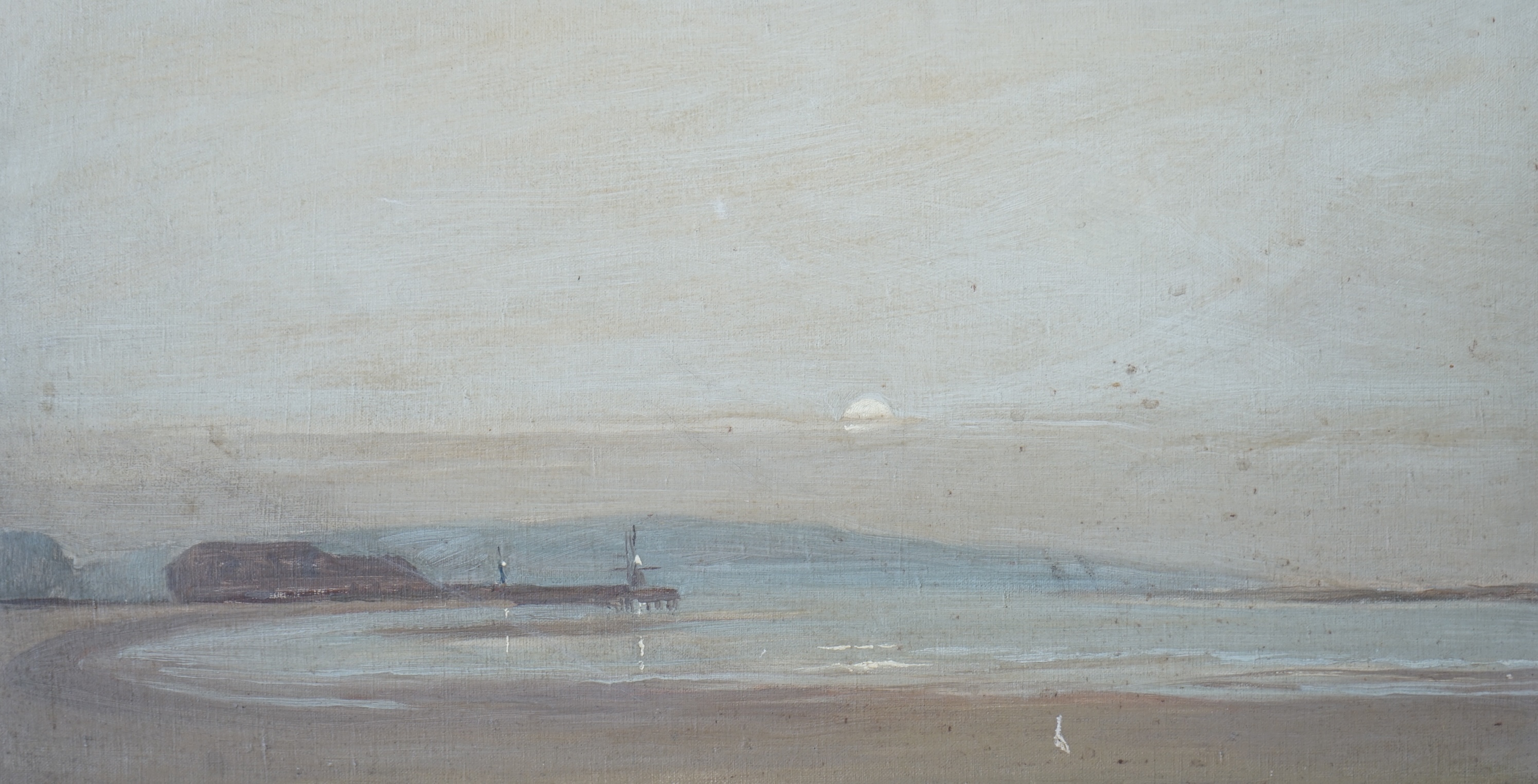 Follower of James McNeill Whistler (American, 1834-1903), oil on canvas, Coastal view, unsigned, 39 x 69cm, gilt framed. Condition - fair, would benefit from a clean